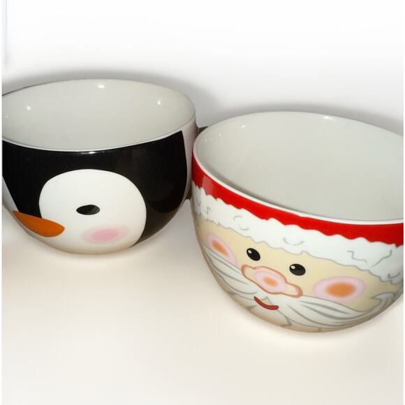 Holiday Winter Christmas Bowls Santa And Penguin Set Of 2 EUC - Picture 2 of 8
